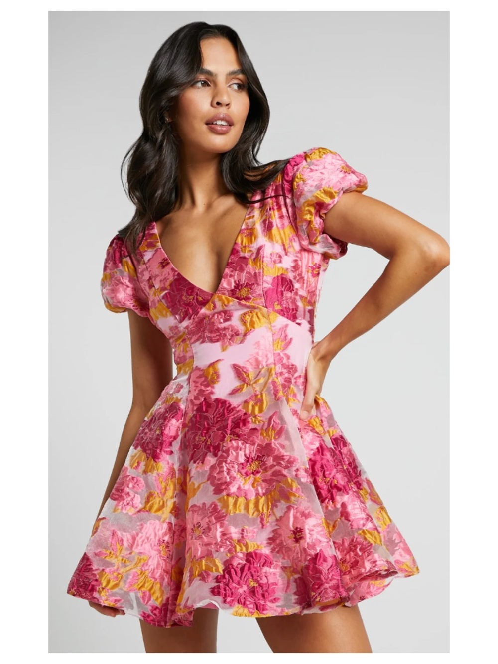 Show Po - BRAILEY JACQUARD MINI DRESS Puff Sleeve Dress In Pink